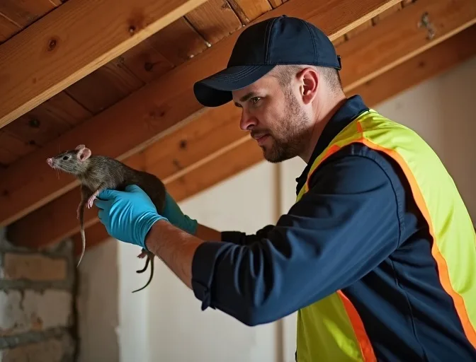 Technician inspecting a roof cavity for a dead rat in Box Hill